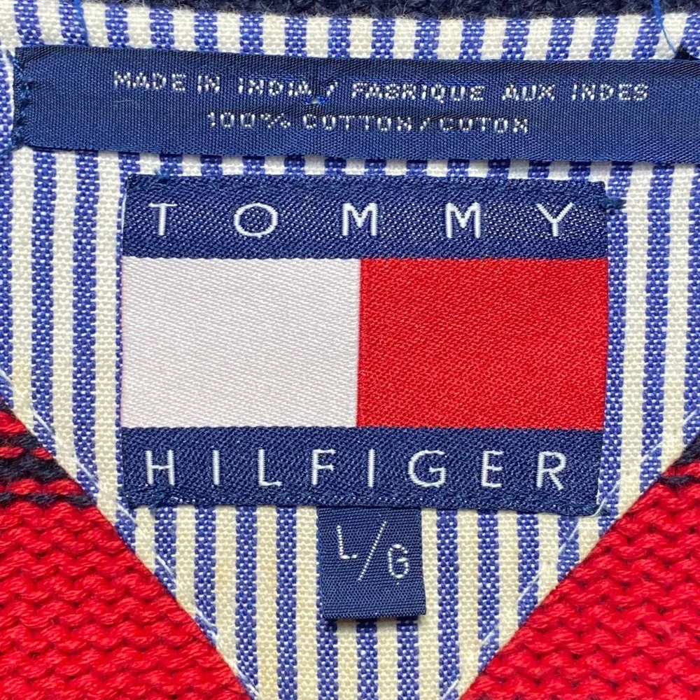 VTG Tommy Hilfiger Sweater Mens L Striped Knit Red Green Navy Crest Logo 90s